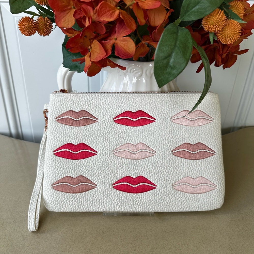Beautybio White and Red Lip Print Wristlet/Cosmetic bag